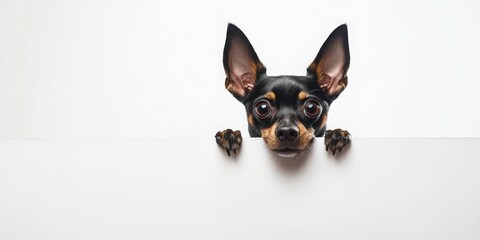 Cute small black dog peeking over blank white board with ample copy space