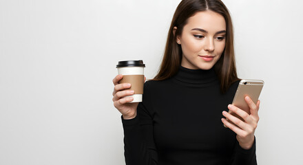 Fototapeta premium A woman in a black turtleneck holds a coffee cup and looks at her smartphone, standing against a plain white background.