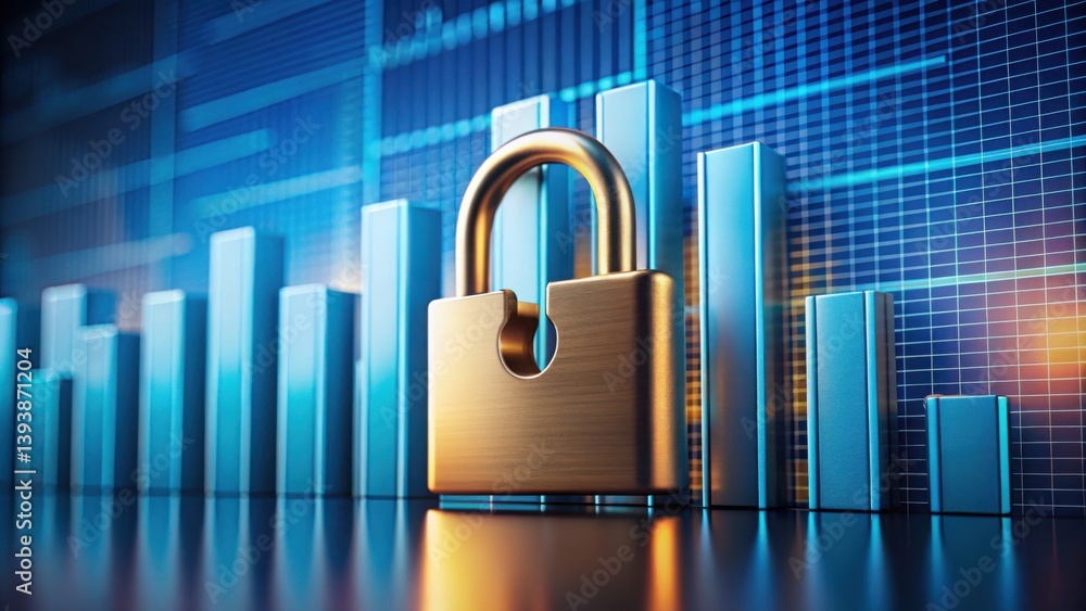 Poster Golden Lock Icon Over Bar Chart Representing Asset Protection Concepts