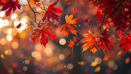 Red Maple Leaves with Bokeh Lights Create a Fall Season Feeling