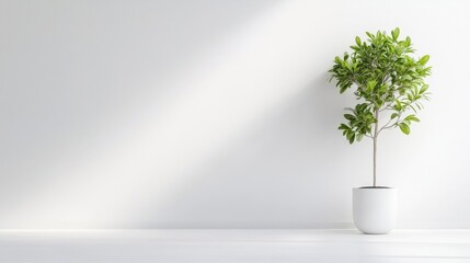 Fototapeta premium Indoor Plant in White Pot Minimalist Style High-resolution Bright Lighting Wide Landscape View Lush Green Foliage Peaceful Atmosphere White Background Serene Mood Ideal for Home Decor Websites