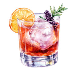 A refreshing cocktail served in a clear glass with ice, garnished with orange and lavender, on a vibrant background