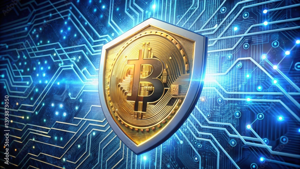 Poster digital shield with bitcoin coin against futuristic circuit background