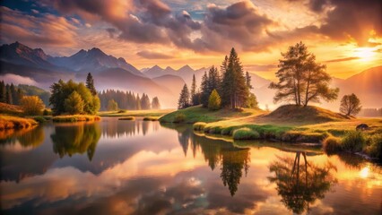 Serene Mountain Lake Reflection at Sunset