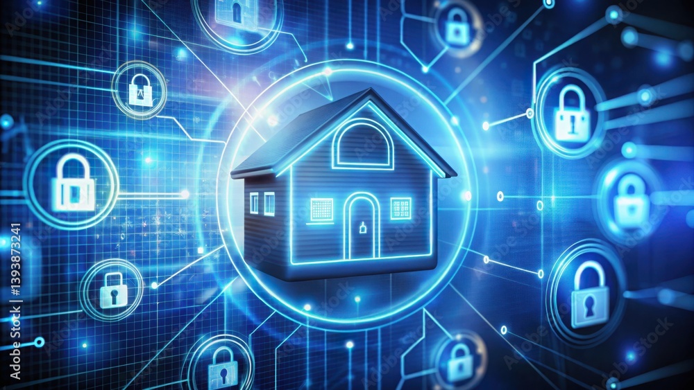Poster Digital Home Security Interface with Padlock Icons and Data Flow