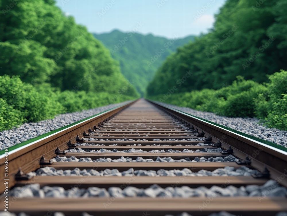 Poster a tranquil view of railway tracks stretching into dense greenery, creating a serene and picturesque 