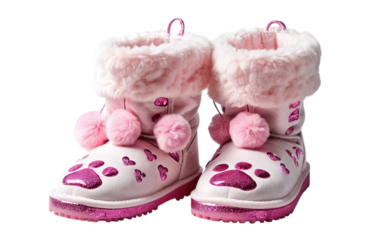 Stylish, pink winter boots with fuzzy fur trim and paw print designs for girls.