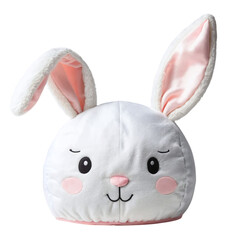 A cuddly, white plush bunny head with pink ears and face features.