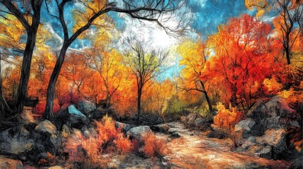Hiking Trail Through Autumn Forest with Vivid Fall Colors Painting