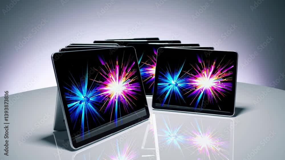 Poster vibrant tablets in motion displaying colorful digital art with reflective surface