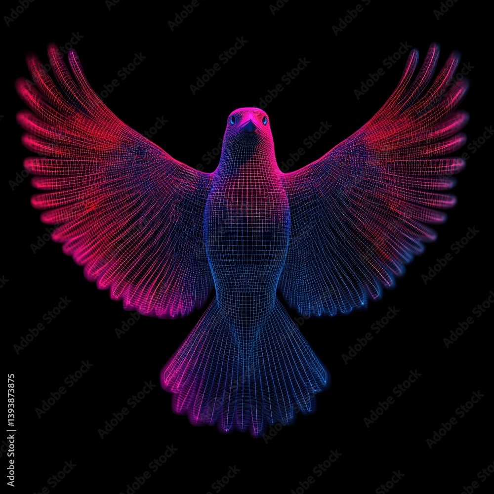 Poster a vibrant, digital representation of a bird with wings spread, featuring a colorful grid pattern aga