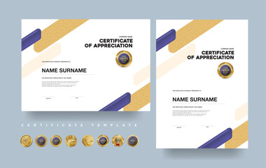 Modern certificate of appreciation with gold and blue colors. Editable vector layout, suitable for awards, achievement recognition, corporate use, or course completion. 