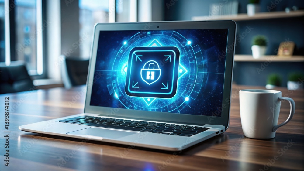 Poster Secure Icon on Laptop Screen Representing Cybersecurity Concept