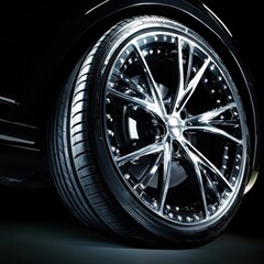 Fototapeta premium Dramatic close-up of modern, polished chrome alloy car rim and high performance tire