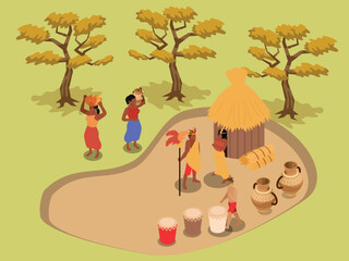 Isometric 3d illustration of Figures are shown engaging in daily activities, with huts, drums, and pottery. Concept representing cultural heritage, traditional lifestyle, and African village life