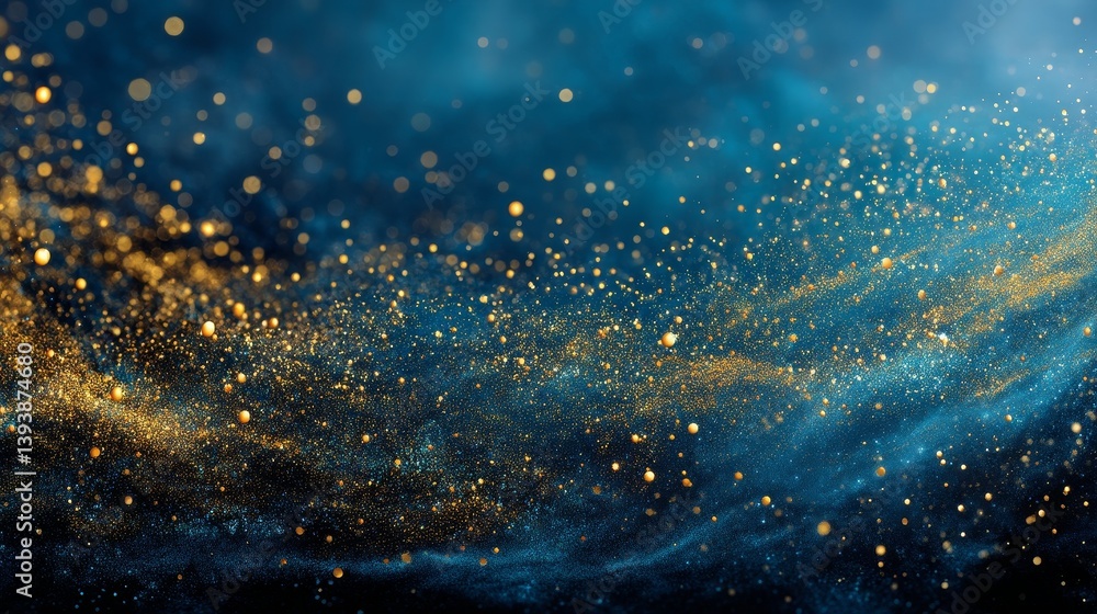 Poster abstract blue background with tiny golden sparks, creating an energetic and dynamic atmosphere. the 