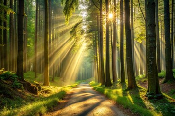 Fototapeta premium Sunbeams Through Forest Canopy