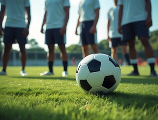 Obraz premium Close-up of a black and white football on a professional field with group of players in background, representing team unity, game strategy, and sports competition atmosphere