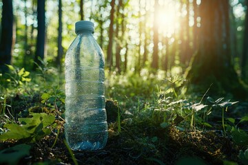 A plastic water bottle discarded in a sun-drenched forest, highlighting environmental concerns.
