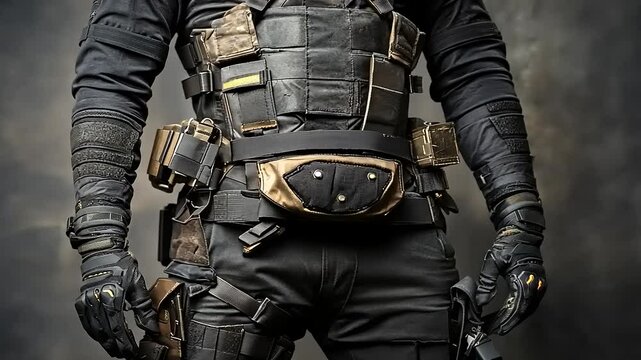 Tactical operator in black gear stands confidently against a textured backdrop, showcasing readiness