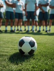 Fototapeta premium Focused view of a soccer ball on vibrant green grass with players standing in blurred background, highlighting teamwork, preparation, and anticipation before a match begins 