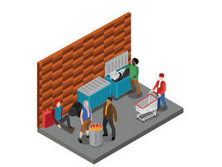Isometric vector illustration depicting urban poverty and social issues