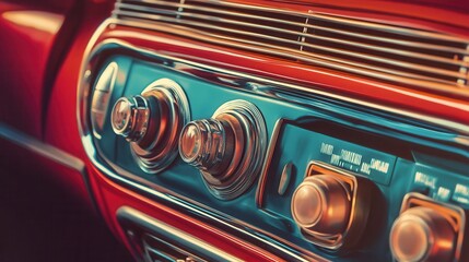 Classic car interior dashboard detail, vintage air vents and controls.