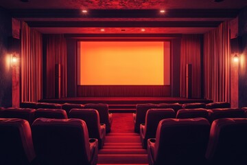 Fototapeta premium A movie theater with red curtains and a large screen