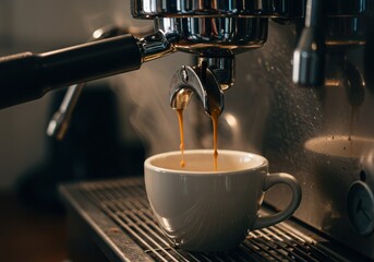 Espresso machine pouring coffee into a white mug on a metal drip tray in a warm light setting