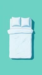 A minimalist illustration of a light blue bed with two pillows against a teal background, creating a serene and cozy atmosphere.