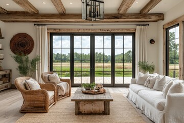 Bright living room in modern farmhouse style with light wood floors, large windows, wooden beams, glass doors, and soft chandelier lighting.