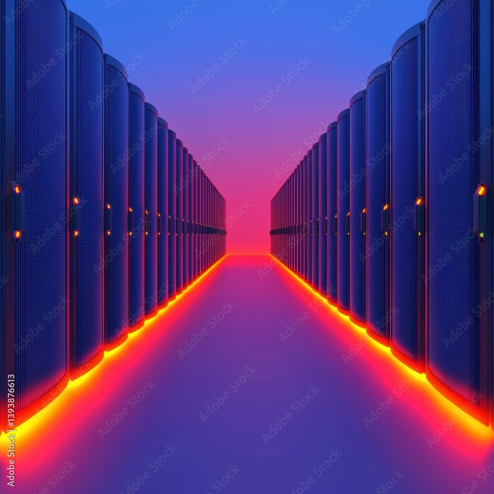 Poster a futuristic data center lined with blue servers, illuminated by a striking red-orange glow, creatin