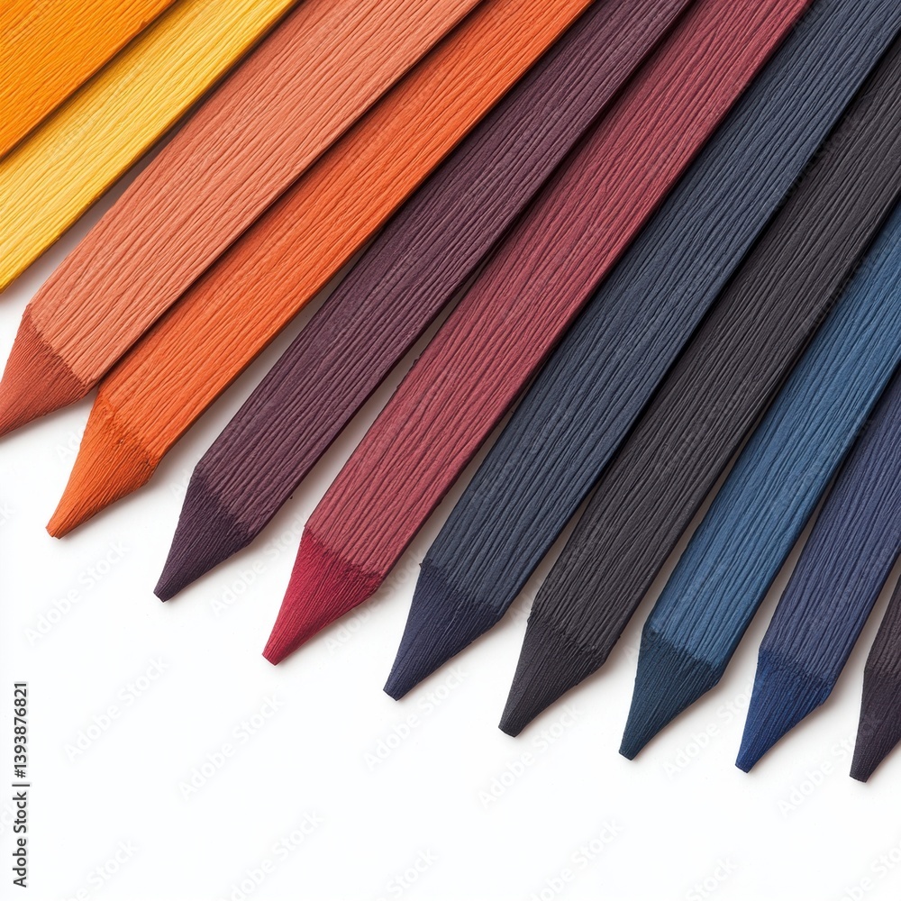Poster a vibrant array of colored pencils arranged in a gradient, showcasing various shades and textures.