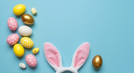 Festive Easter flat lay featuring colorful decorated eggs and bunny ears on a blue background, perfect for holiday celebrations and decorations.