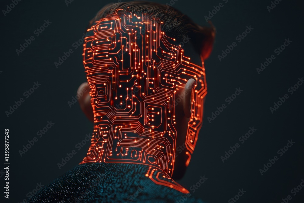 Poster a futuristic portrayal of a person with a circuit-like design on their head, blending human features
