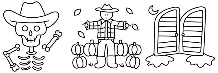 spooky cowboy skeleton celebrates Halloween with scarecrow among pumpkins and mysterious door