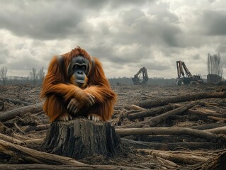 A solitary orangutan rests on a tree stump in a deforested wasteland, reflecting loss and despair amidst industrial destruction and cloudy skies.
