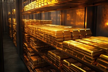 A room full of gold bars stacked on top of each other