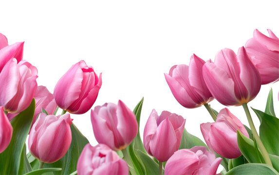 Vibrant pink tulips blooming in a lush garden, with soft green leaves surrounding them, creating a serene spring atmosphere