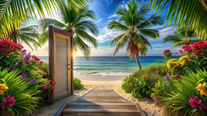 Fototapeta premium Open Door to Paradise Tropical Beach Getaway at Sunset with Lush Flora and Wooden Walkway