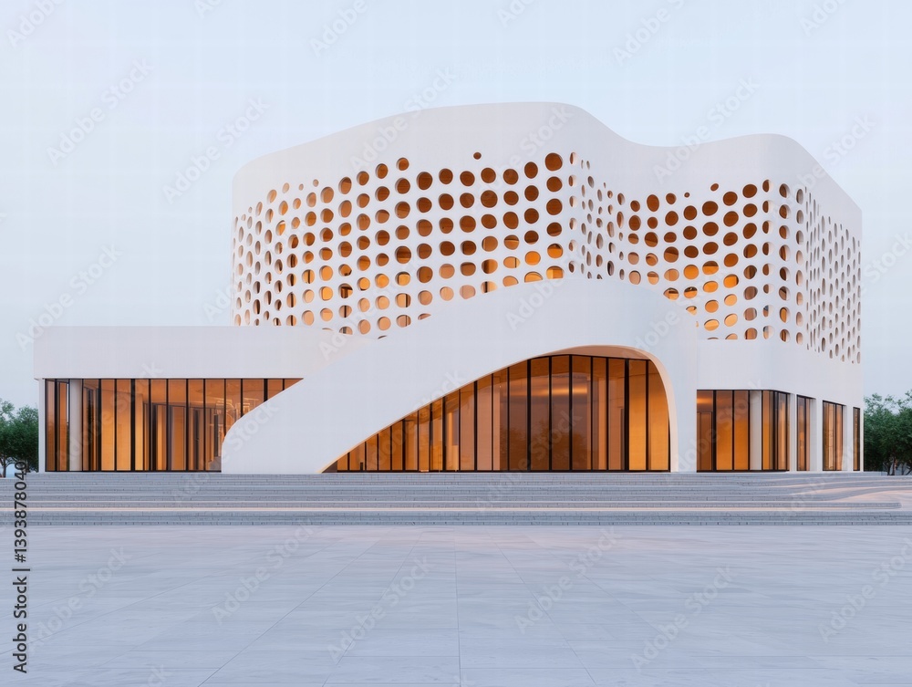 Poster a modern architectural structure featuring a unique facade with circular patterns, large windows, an