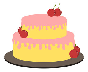 Strawberry and vanilla cake with icing decorations and cherries	