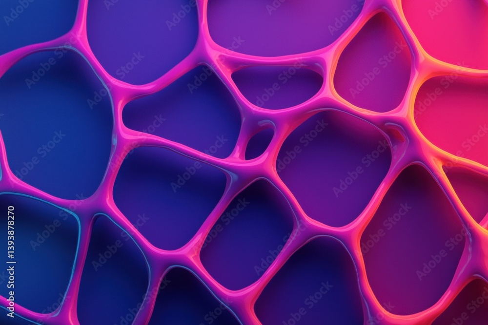 Poster a vibrant, abstract pattern showcasing interconnected cells in shades of pink and blue, creating a m