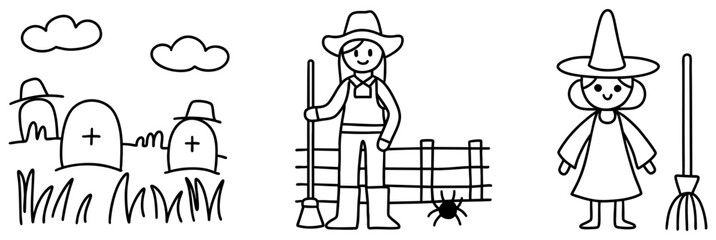 Fototapeta premium cowboy enjoys Halloween in spooky landscape with gravestones and playful atmosphere