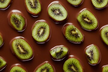 Fototapeta premium Green kiwi slices swimming in a pool of rich melted chocolate