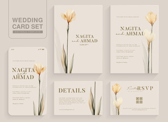 Set of Aesthetic Wedding Invitation Template with Brown Iris Floral Watercolor