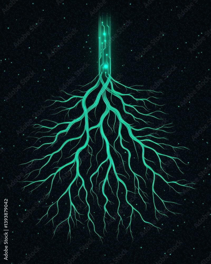 Poster a glowing, abstract representation of tree roots in a dark background, symbolizing connection and gr