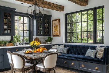 Classic American kitchen with black cabinets, blue velvet bench, vintage Formica chairs, and navy oak beams. Modern pendant light and large windows.