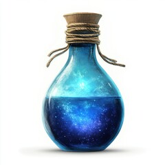 A beautifully crafted blue potion bottle with a cork lid, glowing with a mystical, starry liquid inside.