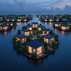 Fototapeta premium A stunning aerial view of modern floating houses surrounded by water, showcasing lush greenery and tranquil lighting at dusk.